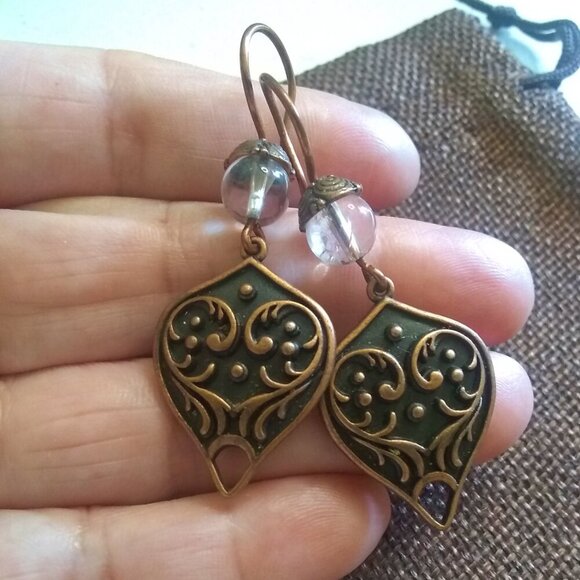 Gorgeous, Heavy & Ornate! Handmade Copper + Clear Quartz Statement Earrings - Picture 2 of 11